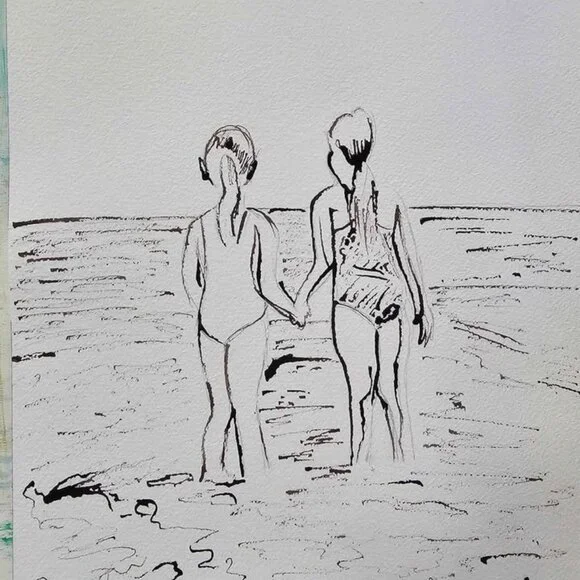Watercolor Painting of Friends at the Beach wall art handpainted original 12x16